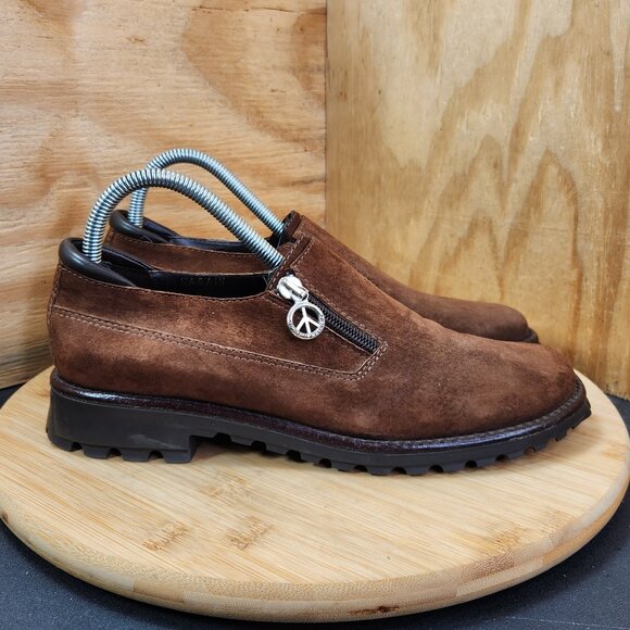 Donald J Pliner Brown Suede Peace Sign Side Zip Slip On Loafers Size 9N Narrow - Picture 1 of 9